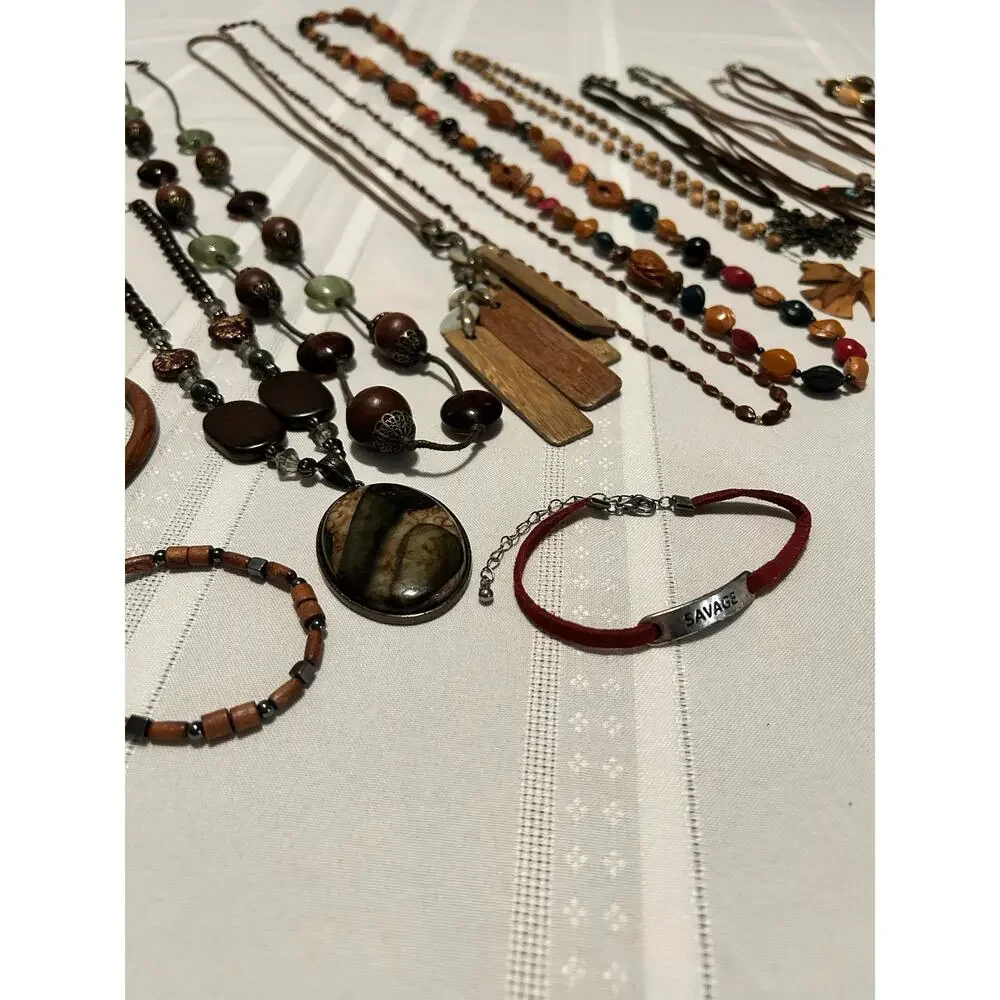 Vintage Nature Mixed Lot 16Pc Wood Leather Seed Bead Necklace Bracelet Lot